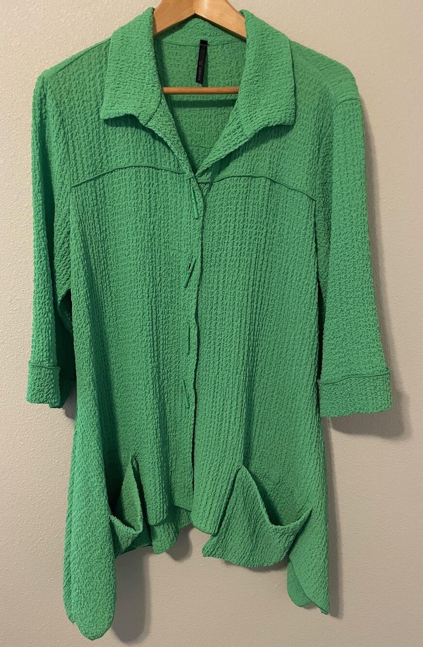 IC By Connie K Tunic Women XL Green Textured Button Up Stretch Asymmetrical Boho